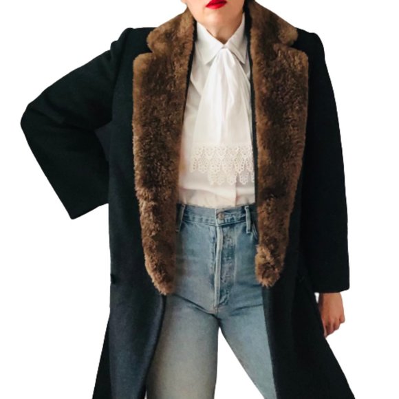 Vintage Perry Ellis Gray 100% Wool Fur Collar Dark Academia Coat USA ILGWU Made - Picture 9 of 16